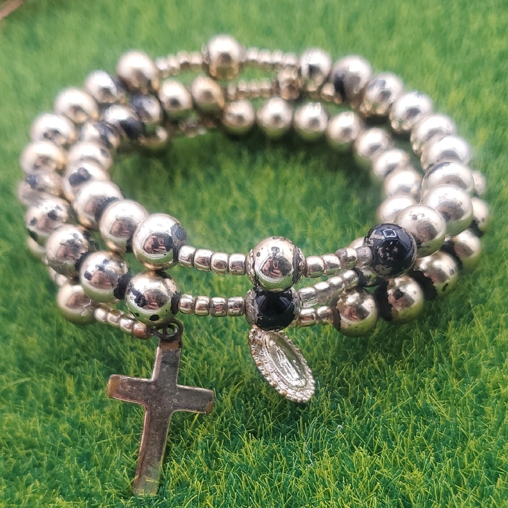Cross And Mary Gold Tone Beaded Wire Tier Bracelet B3337